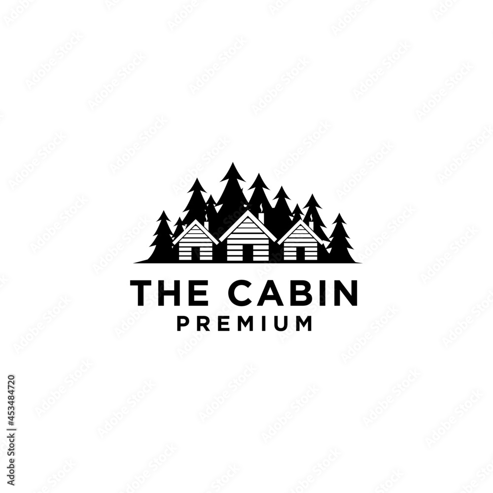 premium wooden cabin and pine forest mountain retro vector black logo design isolated white background