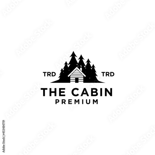 premium wooden cabin and pine forest mountain retro vector black logo design isolated white background