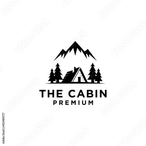 Canvas Print premium wooden cabin and pine forest mountain retro vector black logo design iso