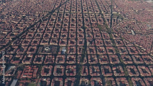 Aerial bird view of typical Barcelona apartment buildings located in city centre on coast of northeastern Spain it is capital and largest town of the autonomous community of Catalonia 4k animation photo