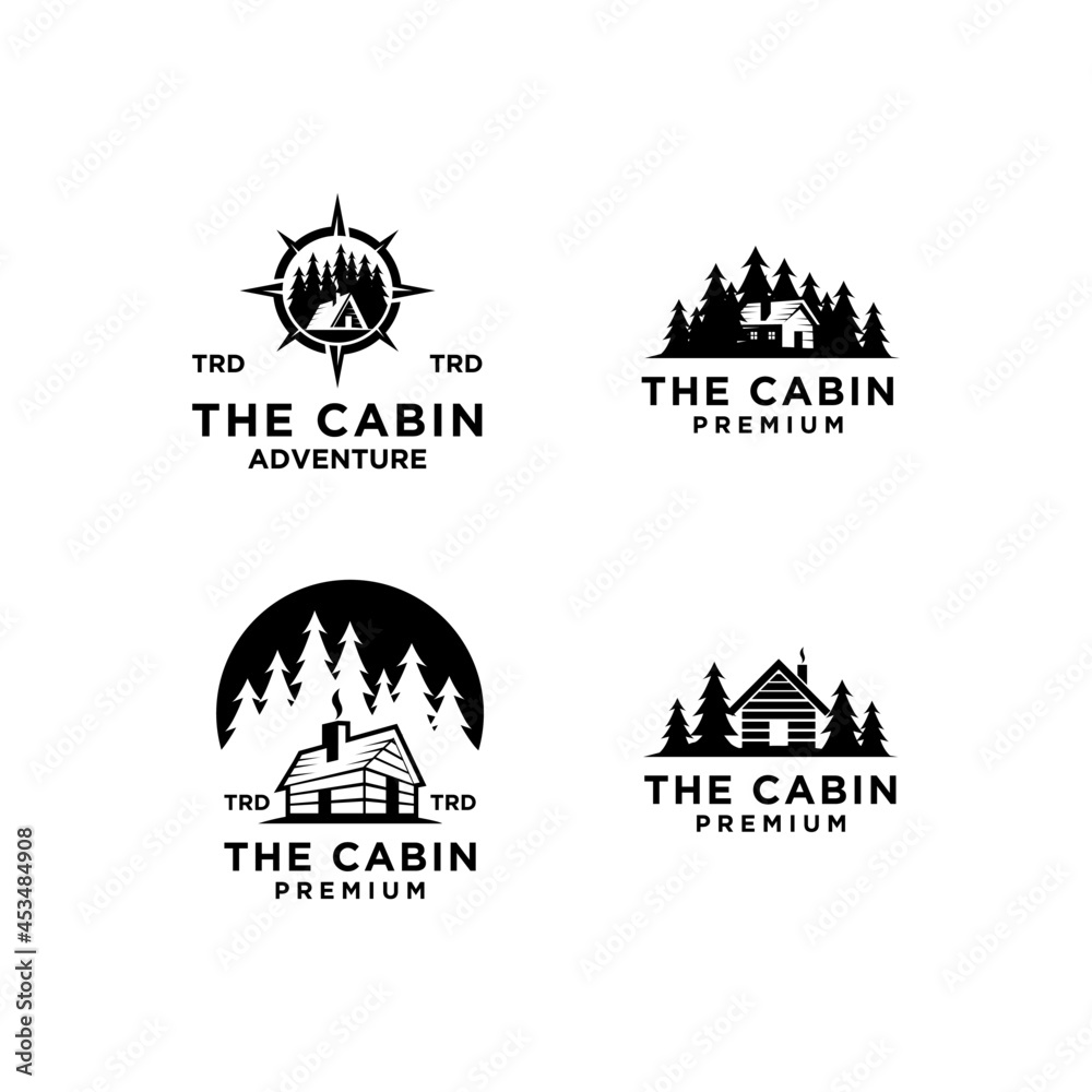 set collection premium wooden cabin and mountain pine forest retro vector black logo design isolated white background - obrazy, fototapety, plakaty 