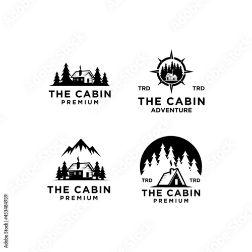 set collection premium wooden cabin and mountain pine forest retro vector black logo design isolated white background