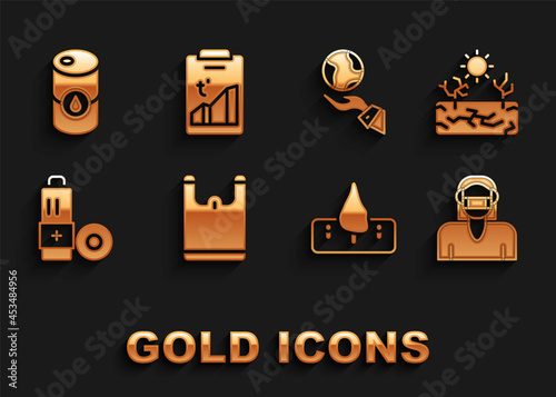 Set Plastic bag, Drought, Face in protective mask, Deforestation, Battery, Hands holding Earth globe, Barrel oil and Global warming icon. Vector