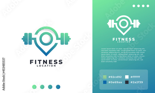 Barbell and Pin Location Logo Combination. Point Fitness Gym Logo Design Template Element