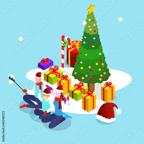 Family taking selfies celebrating christmas 3d isometric vector illustration concept for banner, website, landing page, ads, flyer