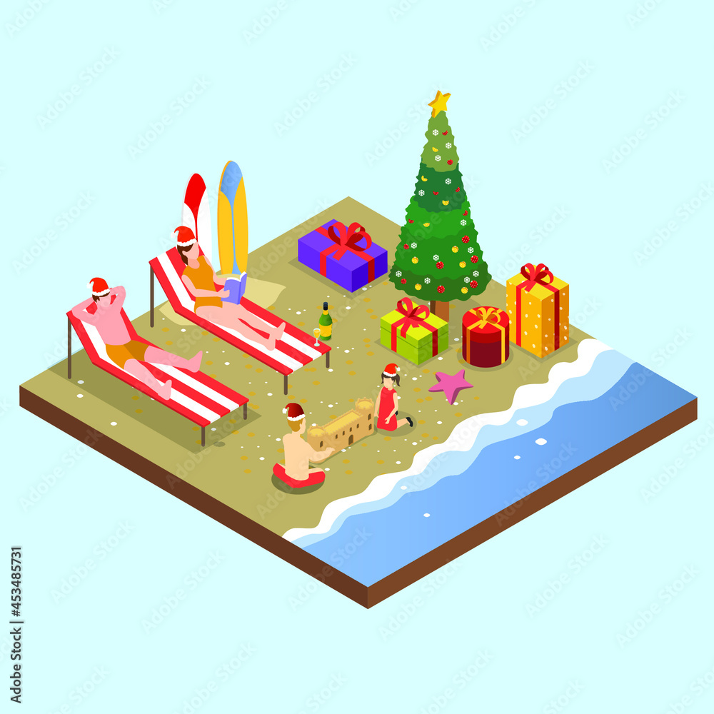 Family celebrates christmas at beach 3d isometric vector illustration concept for banner, website, landing page, ads, flyer