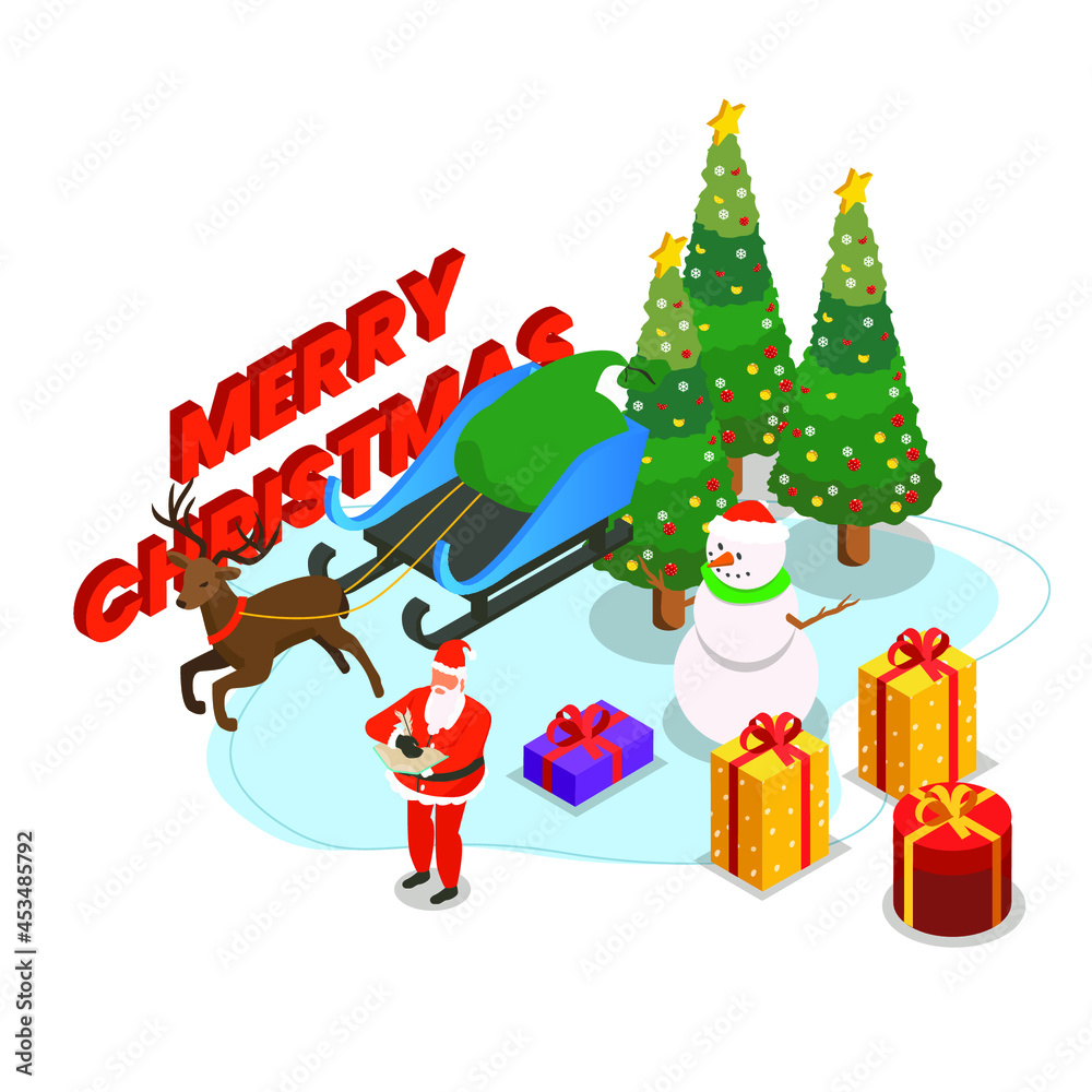 Santa Claus and snowman 3d isometric vector illustration concept for banner, website, landing page, ads, flyer