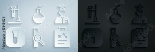 Set Test tube and flask, Laboratory assistant, Chemistry report, Plant breeding and on fire icon. Vector