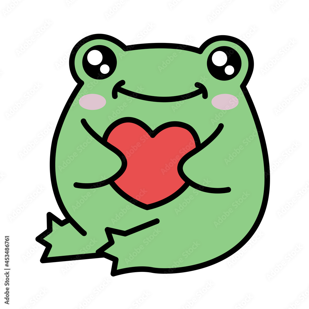 Obraz premium Cute vector frog with a heart. Vector sticker with a frog.