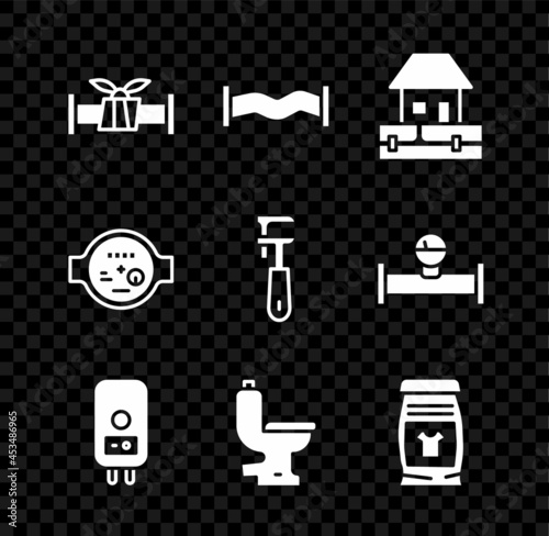 Set Industry metallic pipe, Water supply pipes, Electric boiler, Toilet bowl, Laundry detergent, meter and Pipe adjustable wrench icon. Vector