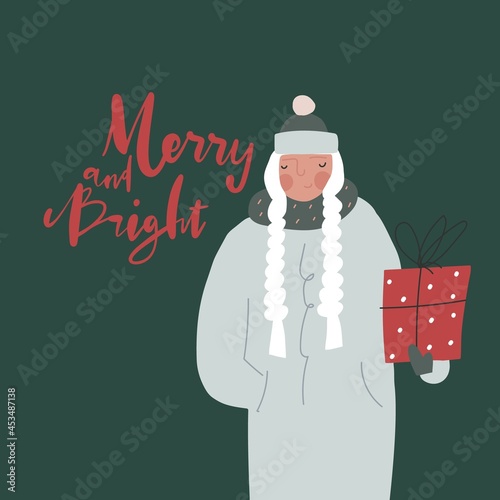 Excited snow maiden with gift box, lettering quote: Merry and Bright. Vector illustration
