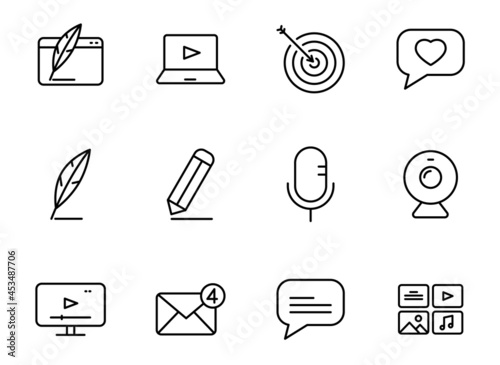 blog linear vector icons isolated on white. blogger icon set for web and ui design, mobile apps and print polygraphy and promo advertising business