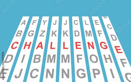 Challenge word lined up from code lock letters rows on blue background. Strategy, opportunity, problem concept. Flat design. Vector illustration. No gradients, no transparency