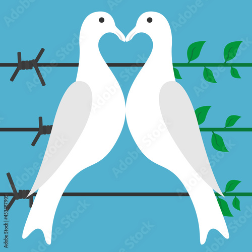 Two white birds perching on black barbed wire turning green sprouts with leaves. Love, peace and war, truce and freedom concept. Flat design. Vector illustration. No gradients, no transparency