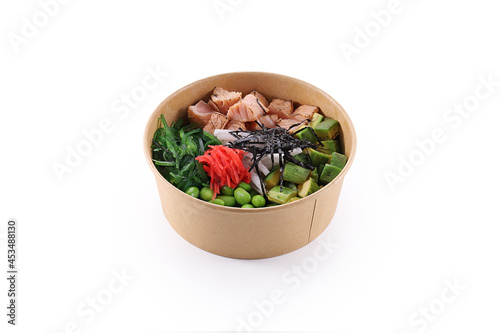 poke bowl with salmon islated on white background. fast food healthy eating