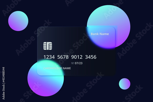Glassmorphism style. Credit card icon. Cashless payment concept. Realistic glass morphism effect with set of transparent glass plates. Vector illustration.