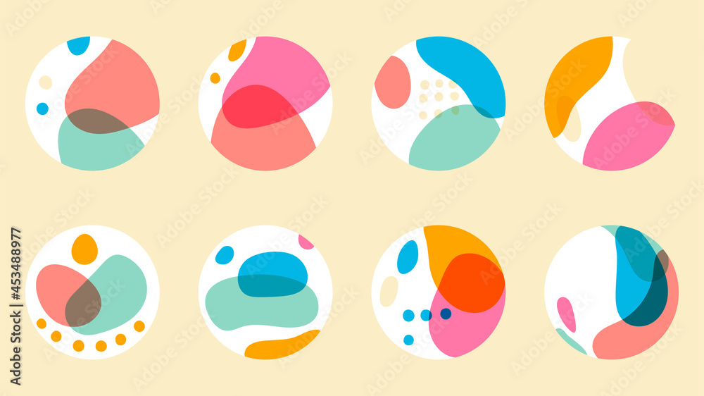 A set of eight abstract colorful logos. Design element for branding and marketing companies. Cheerful rainbow icon with circles, doodles, geometric shapes. Hand drawn vector graphics. A set of eight abstract colorful logos. Design element for branding and marketing companies. Cheerful rainbow icon with circles, doodles, geometric shapes. Hand drawn vector graphics.