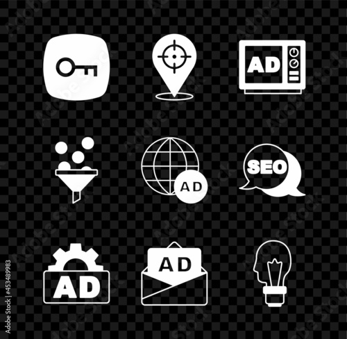 Set Key, Target, Advertising, Light bulb with concept of idea, Lead management and icon. Vector