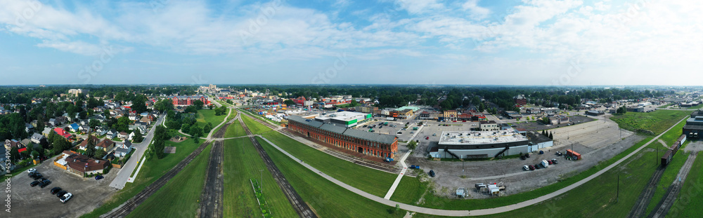 Aerial panorama of St Thomas, Ontario, Canada downtown