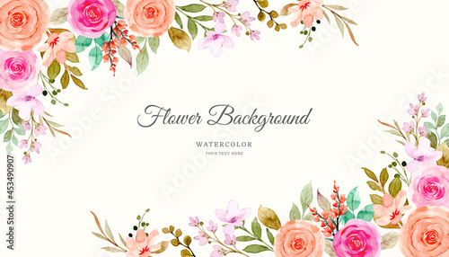 Orange pink rose flower background with watercolor