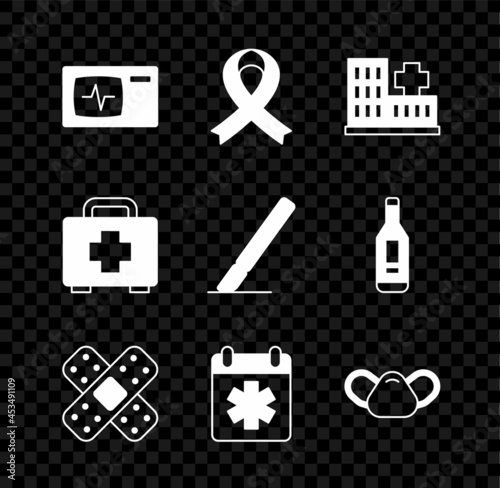 Set Monitor with cardiogram, Awareness ribbon, Hospital building, Crossed bandage plaster, Doctor appointment, Medical protective mask, First aid kit and Surgery scalpel icon. Vector