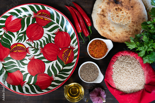 Plov suzbek cuisine beautiful decoration, dishes and spices