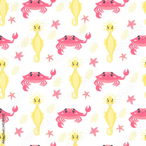 seamless pattern cartoon cute crab waving hello  yellow seahorse  pink starfish  waves  lines. underwater world.