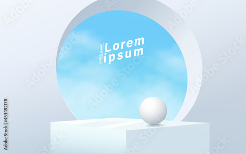 Abstract 3D white podium with blue sky background. Modern vector rendering geometric platform for product display presentation.