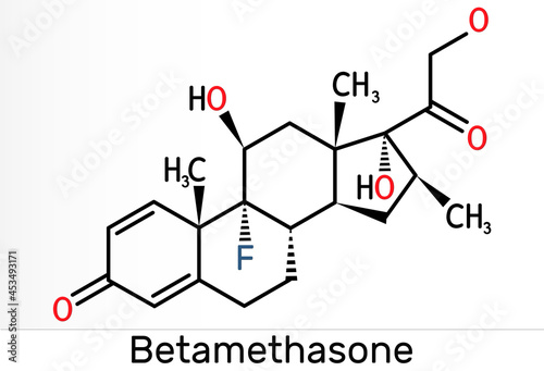 Betamethasone, molecule. It is synthetic corticosteroid, glucocorticoid with metabolic, immunosuppressive and anti-inflammatory activities. Skeletal chemical formula photo