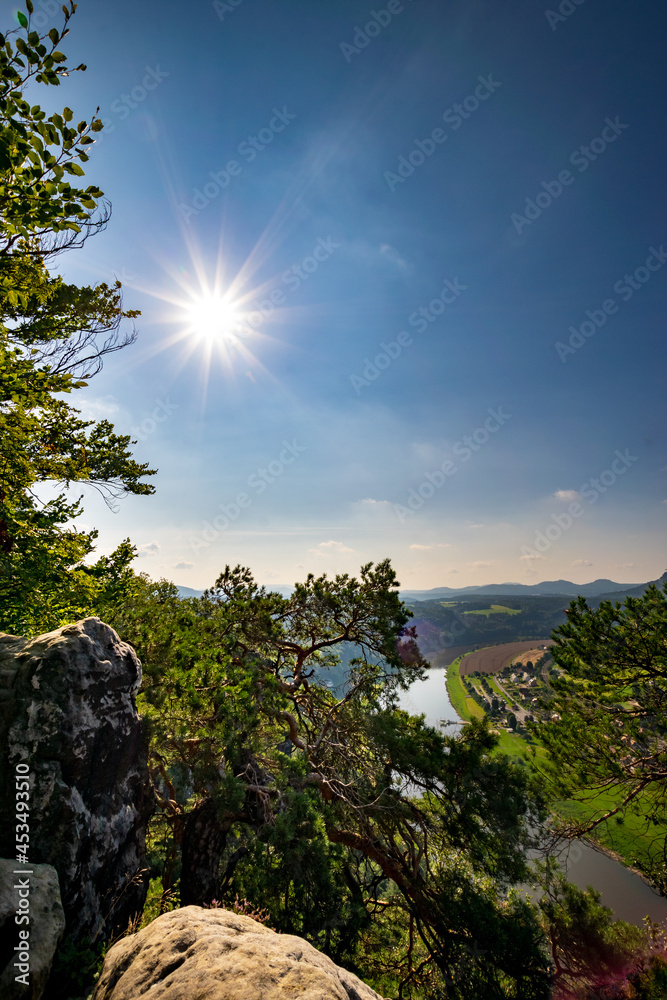 Rock formations and the view to the Elbe from the Bastei Bridge 