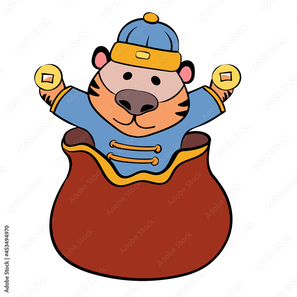 Φωτογραφία Tiger Jumps Out of the Money Bag, Golden Yuan Coins Vector Chinese New Year