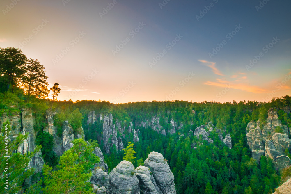sunset scenery over the rock formations near the Bastei Bridge 
