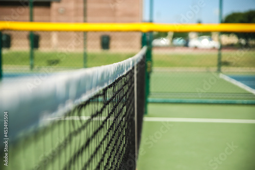 Close up of Pickleball net and court