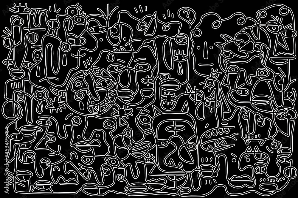 Black and white cartoon pattern on black background, abstract design	
