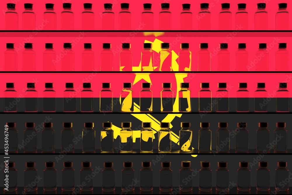 Flag of Angola and multiple vaccine vials. Vaccination concept. 3D rendering