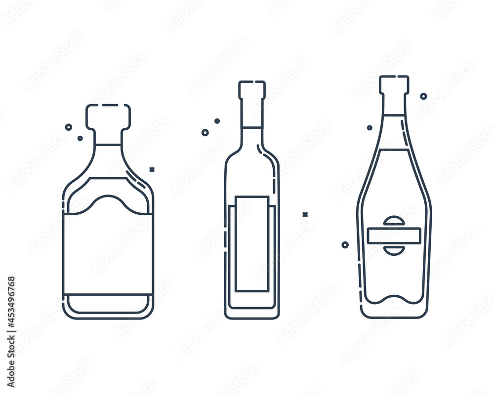Bottle vodka rum and martini line art in flat style. Restaurant alcoholic illustration for celebration design. Design contour element. Beverage outline icon. Isolated on white backdrop. Bottle vodka rum and martini line art in flat style. Restaurant alcoholic illustration for celebration design. Design contour element. Beverage outline icon. Isolated on white backdrop.