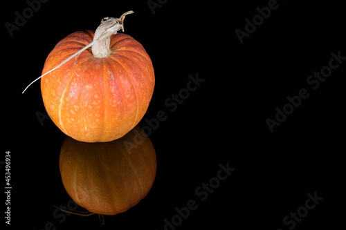 Ripe fresh orange pumpkin with reflection on isolated on black background