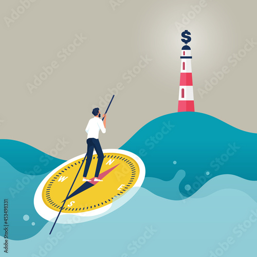 Businessman on compass boat representing path to success, Concept of career path and business direction, finding solutions, looking for opportunity
