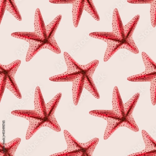 Watercolor illustration of starfish seamless pattern on background