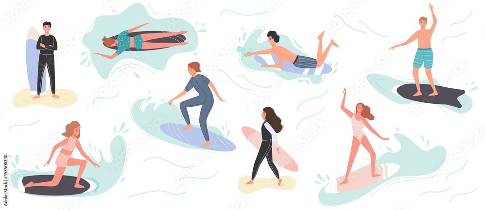 Collection of cute surfing people in swimwear surfing. Surfers with surfing board on summer beach and sea wave. Vector illustration summer time vacation - obrazy, fototapety, plakaty 