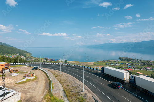 The Baikal serpentine road - aerial view of natural mountain valley with serpantine road, Trans-Siberian Highway, Russia, Kultuk, Slyudyanka photo