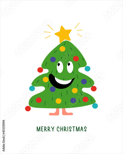 Funny Christmas tree characters with cute face emotion. Cartoon style. Merry Christmas, New year concept. Trees with legs, garland with lights. Hand drawn Vector illustration.