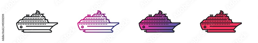 Set of Cruise ship vector outline style black filled icons isolated