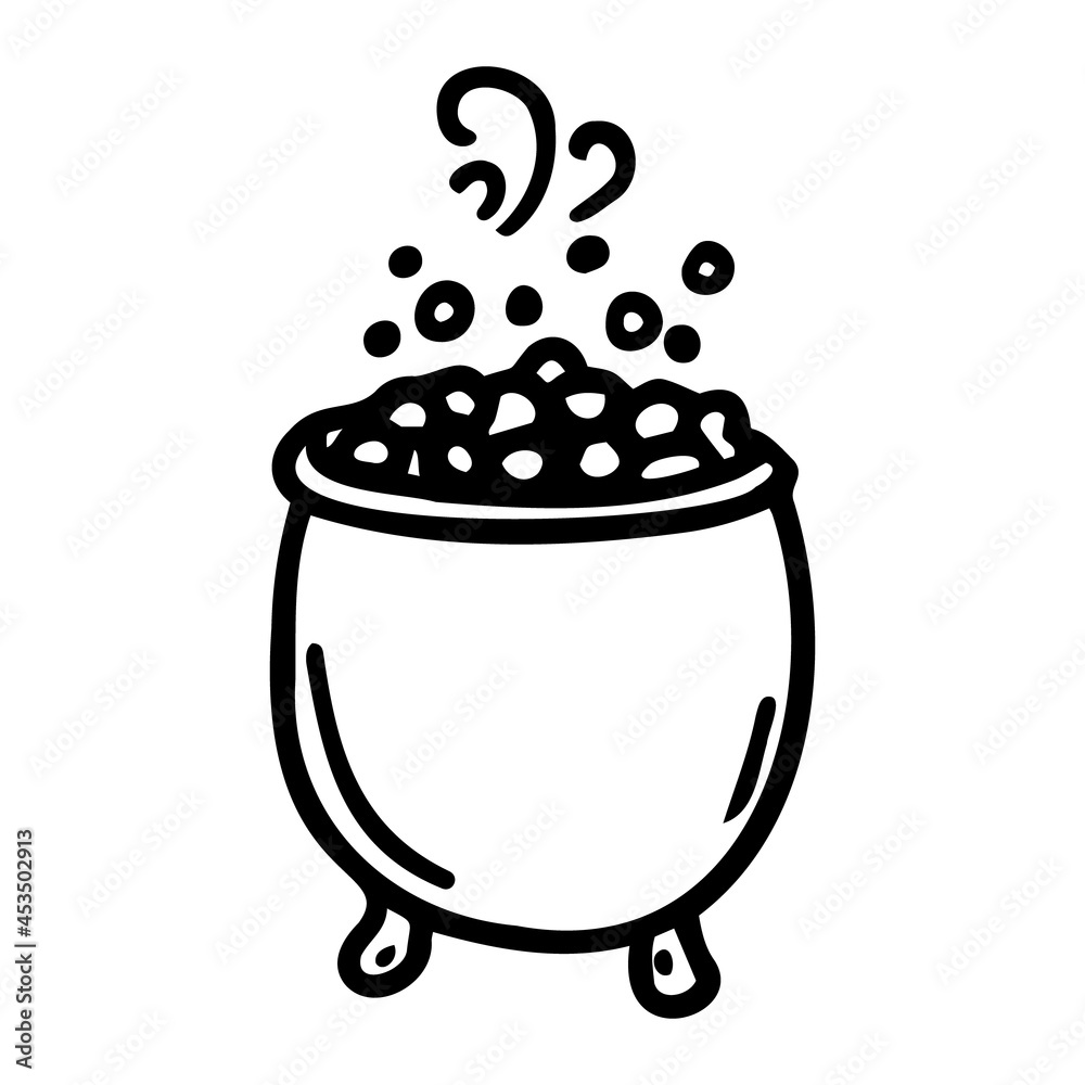 Hand Draw Cauldron With A Potion. Simple Icon Isolated On White Background. Halloween Doodle Hand Draw Cauldron With A Potion. Simple Icon Isolated On White Background. Halloween Doodle