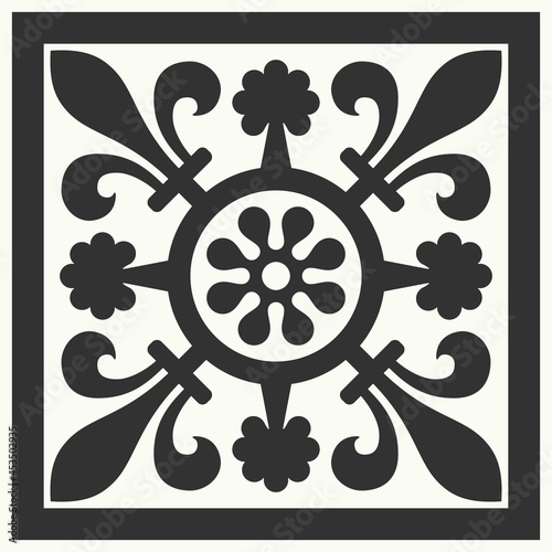 Portuguese floor ceramic tiles azulejo design, mediterranean pattern black and white