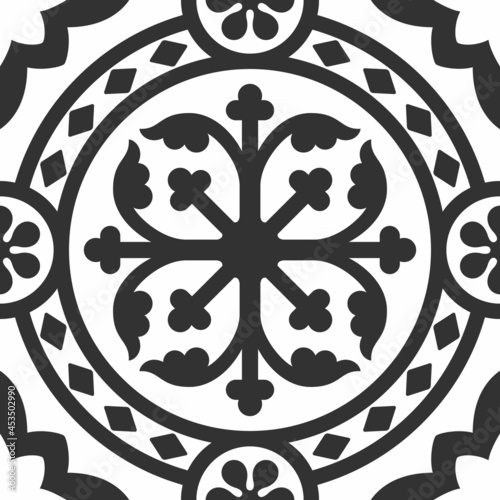 Portuguese floor ceramic tiles azulejo design, mediterranean pattern black and white
