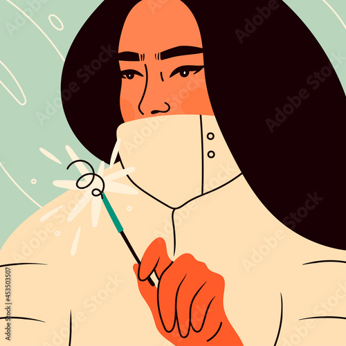 Close up portrait of young woman wearing warm insulated jacket. Lady holding a Sparkler in her hand. Snowy winter weather, holiday, celebration, Cozy clothes concept. Hand drawn Vector illustration