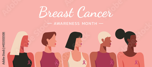 breast cancer awareness month web banner for disease prevention campaign of diverse ethnic women group together with pink support ribbon symbol concept, vector flat illustration
