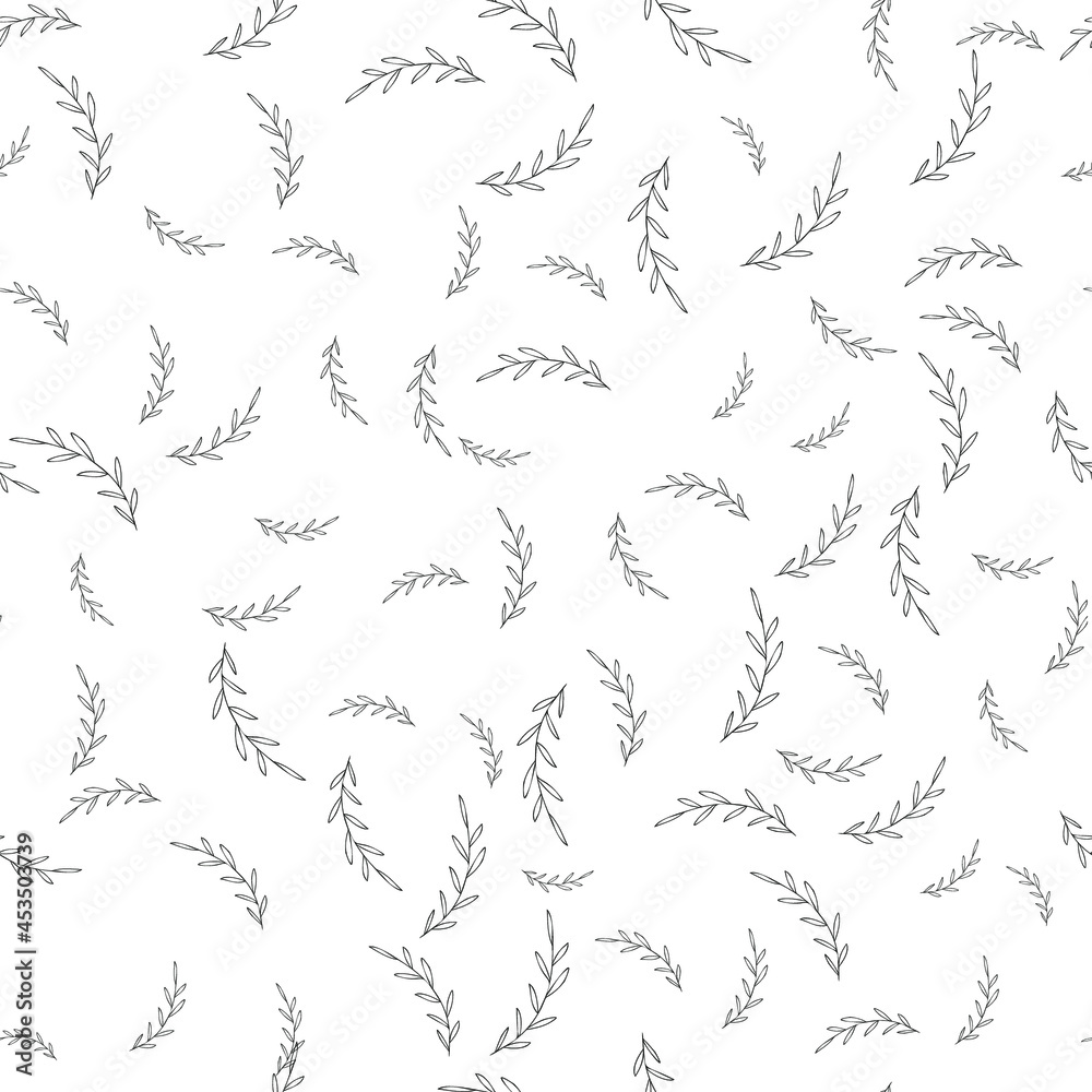Twig with leaves on white background. Monochrome seamless vector background.