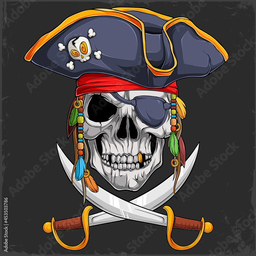 Scary human Skull head in pirate hat with two crossed swords, Halloween Skeleton pirate face photo